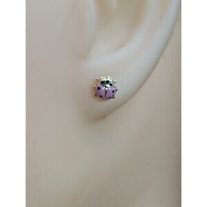 14K Yellow Gold Pink Enamel Ladybug Screw Back Stud Earrings Made In Italy